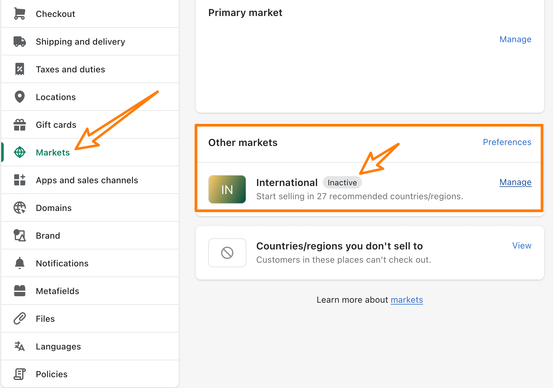 Shopify Markets 市场设置步骤 1